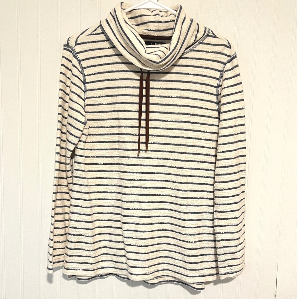 Chaps Cowl Neck Top Womens S Blue Cream Striped Long Sleeve Pullover